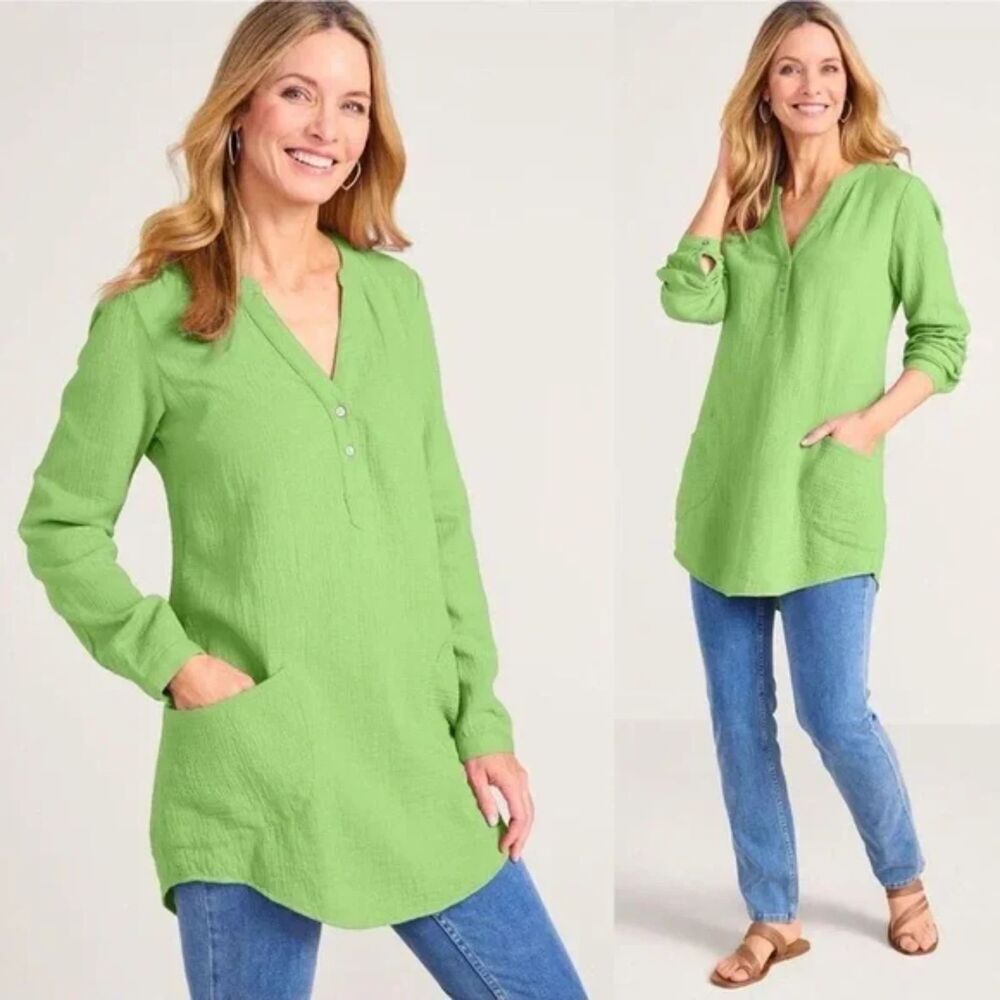 Soft Surroundigs Green Gauzy 100% Cotton V-Neck Tunic Lagenlook Blouse sz Large